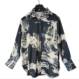 H&M Shirt With a Sheen Long Sleeve City Pattern Oversized Top Size Medium